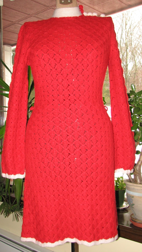 Vintage Hand knittted dress - Scarlet Red Dress -… - image 1