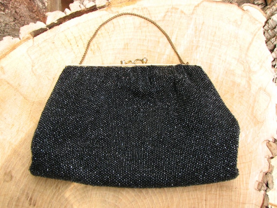 Vintage Beaded Clutch - Black Beaded Clutch - Han… - image 1