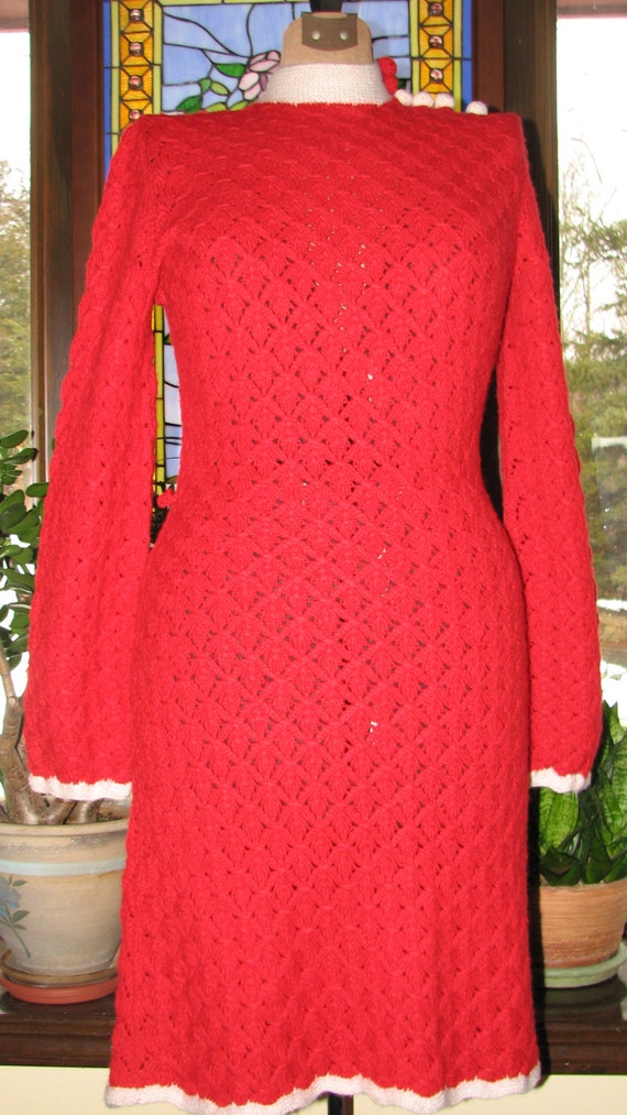 Vintage Hand knittted dress - Scarlet Red Dress -… - image 5