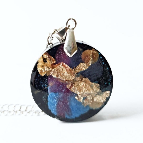 Round Galaxy Necklace, Purple Gold & Blue Deep Space Pendant, Black Backing, Milky Way, Planets and Stars Jewellery, Orbit, Constellation