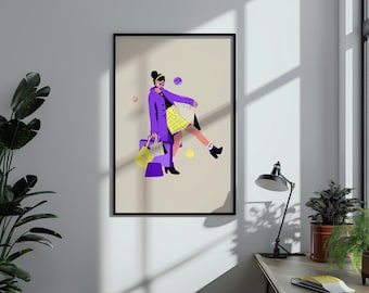 May include: A framed illustration of a woman wearing a purple coat and yellow plaid skirt, holding shopping bags and walking with a confident expression.