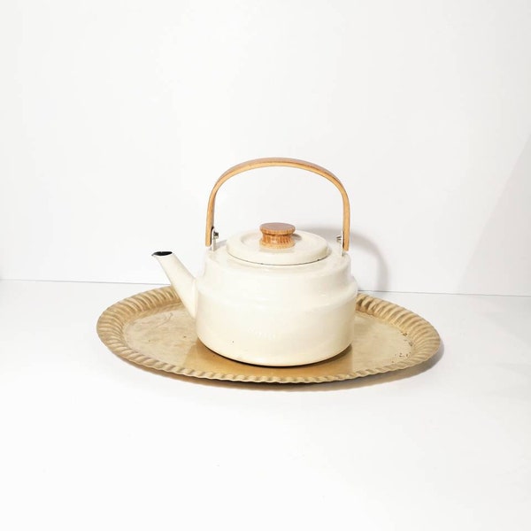 Off White  Beige Enamel Tea Kettle with Wood Handle and Knob