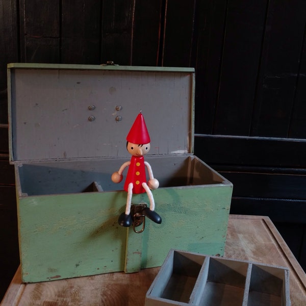 Old Handmade Rustic Green Wooden Tool Box