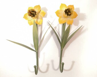 2 Vintage Tole Flower Metal Wall Hook Daffodil Yellow Green