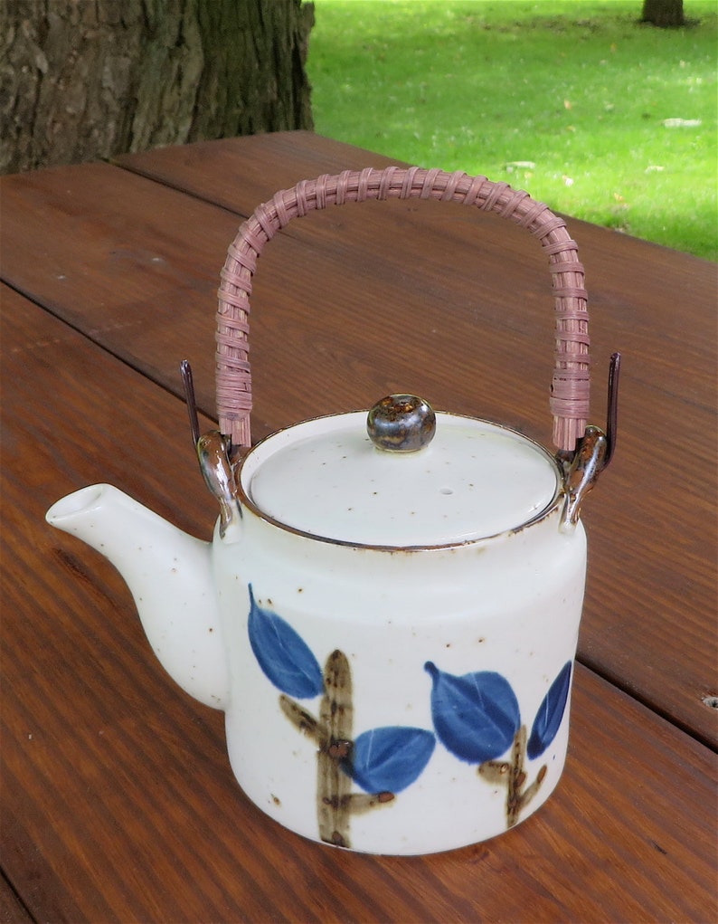 Vintage Stoneware Teapot W/4 Cups Wicker Handle Japan Etsy