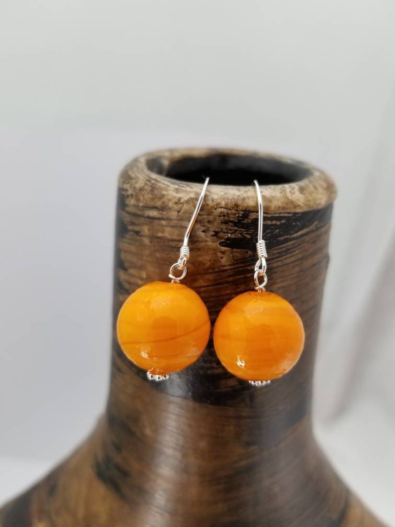 Elegant Artisan Jewelry Sophisticated and Affordable Jewelry Sterling Silver Orange Color Round Swirl Dropped Earrings Handcrafted