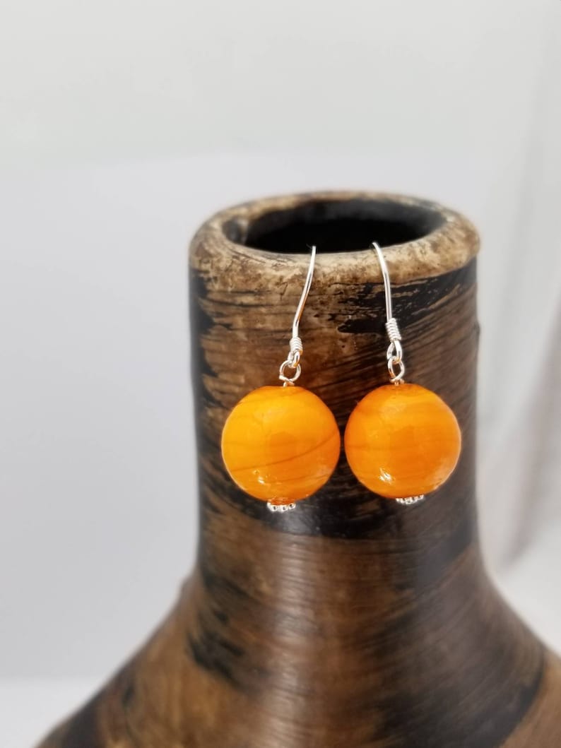 Elegant Artisan Jewelry Sophisticated and Affordable Jewelry Sterling Silver Orange Color Round Swirl Dropped Earrings Handcrafted