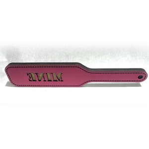Any word Fuchsia Pink Hand stitched leather & wood spanking paddle Reverse cut  blue purple red green black