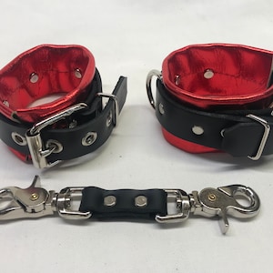 Red Metallic Leather wrist cuffs restraint set w/connector + metallic colors avail. purple red blue pink black silver gold