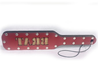 Custom word riveted RED leather paddle spank Pink Purple Blue Black green