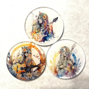 Hippie Mädchen spielen Gitarre Acryl Untersetzer Blumen