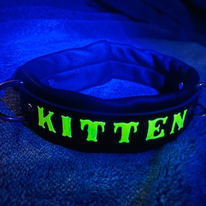 GLOW in the dark Black light neon Lockable Custom Leather collar any word hand stamped & painted locking image 1