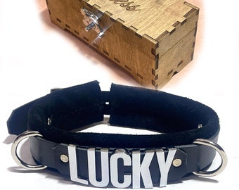 Leather lockable collar any word w/personally engraved wood gift box