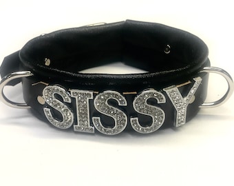Large CRYSTAL Letters! METALLIC Leather lockable collar - SISSY or...any word