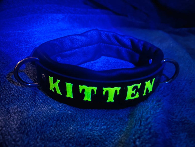 GLOW in the dark Black light neon Lockable Custom Leather collar any word hand stamped & painted locking image 1