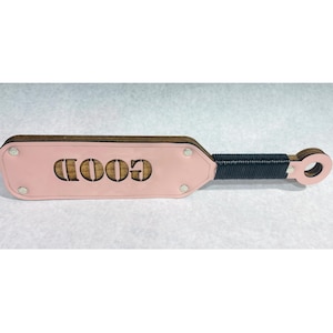 Custom word cut out leather & wood spanking paddle personalized gift box wrapped handle