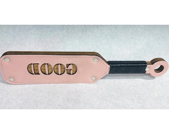 Custom word cut out leather & wood spanking paddle personalized gift box wrapped handle