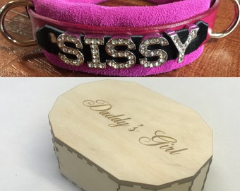 Locking Leather collar SISSY any word w/ personalized wood gift box