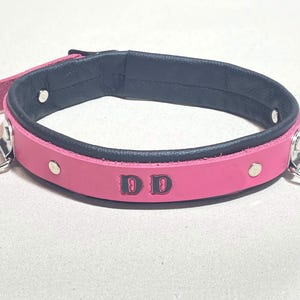May include: Pink leather collar with black trim and silver hardware. The collar has the initials "DD" embossed on the front.