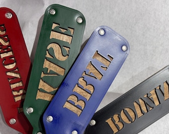 Custom word cut out leather & wood spanking paddle personalized gift box