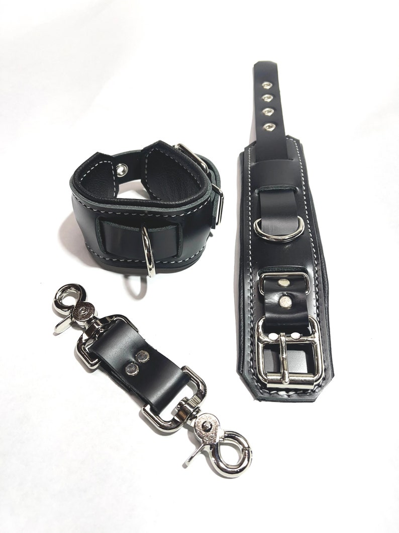 Handmade leather wrist cuffs with connector image 1