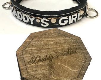 Custom stitched Leather choker 1" Daddy's girl w/wood engraved gift box personalized