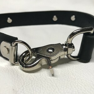 May include: A black leather collar with silver metal rivets and a silver metal hook and loop closure.