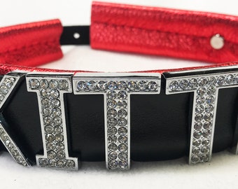 Metallic lockable leather name collar! - choose letter style and collar color