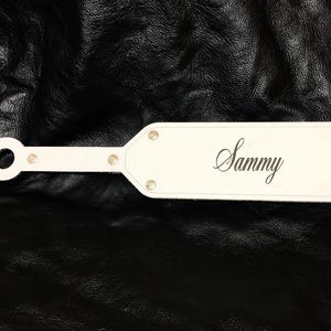 Custom engraved white Leather & wood spanking paddle personalize both!
