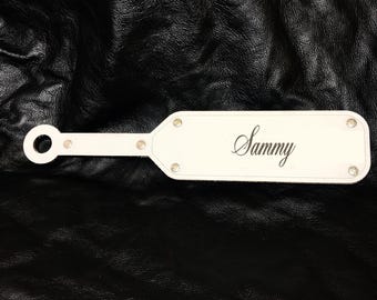 Custom engraved white Leather & wood spanking paddle personalize both!