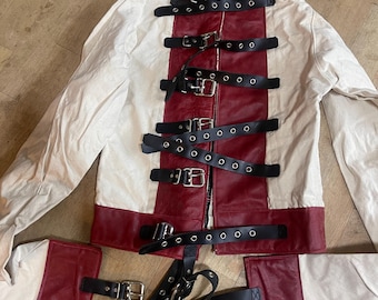 Discounted Leather straps & trim straight Jacket  Medium red leather trim