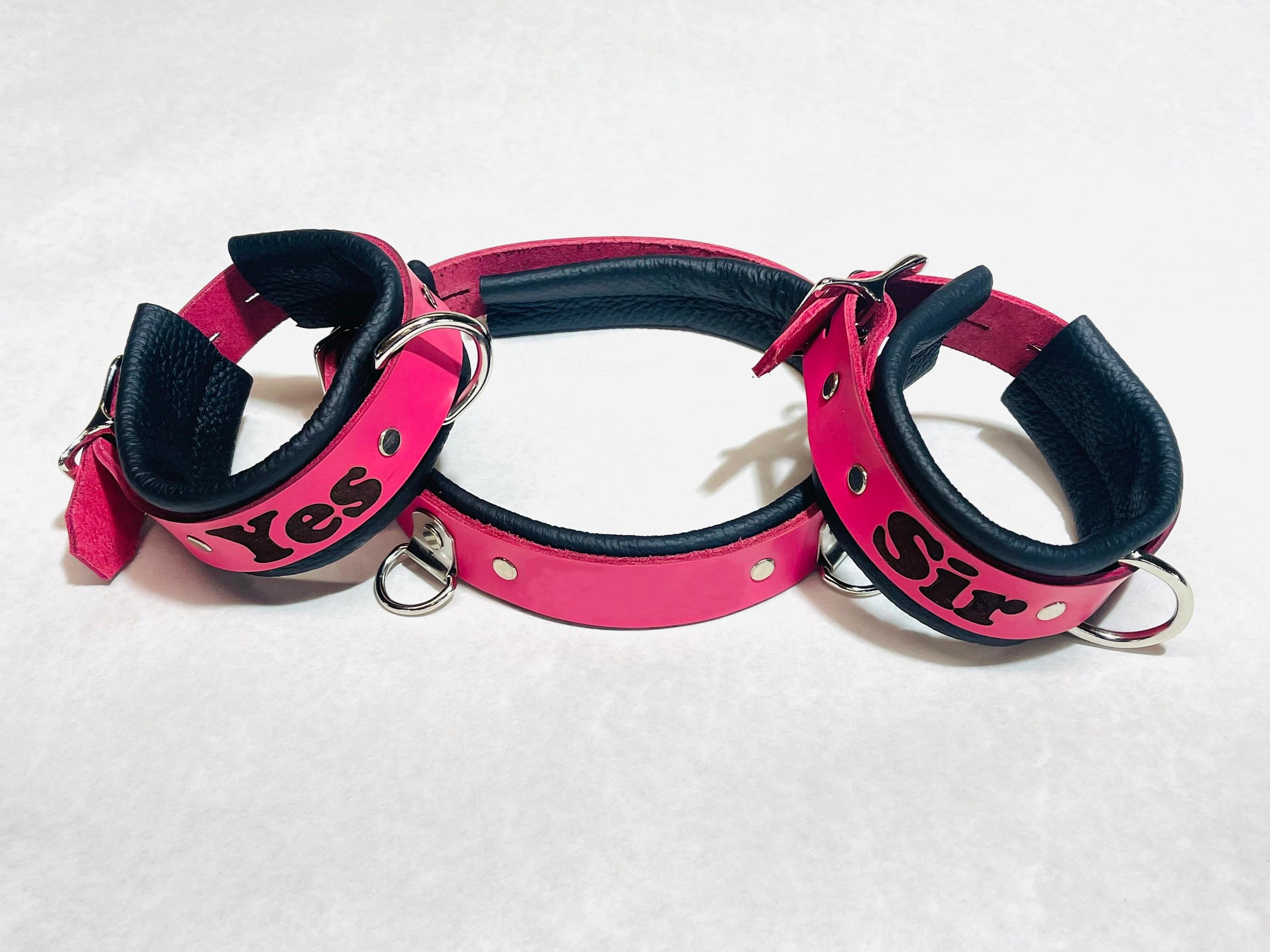 Custom YES SIR Cuffs- Any Words Collar Leather Restraint Set - Optional ...