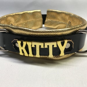 Lockable Leather restraint  collar any word-choose lettering- Gold silver crystal letters
