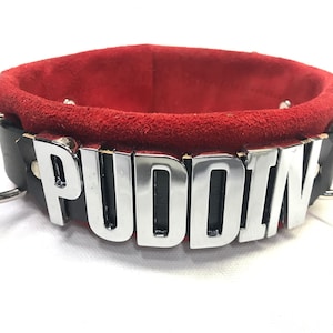 Large (1 1/4&quot;) Letters! Leather lockable collar - PUDDIN or any word! /Gift box opt.