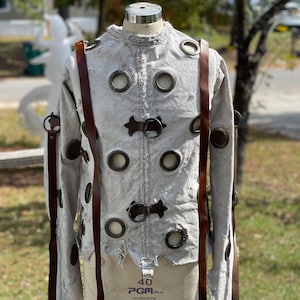 Halloween costume NEW straight jacket straitjacket  distressed leather trim head cage pants