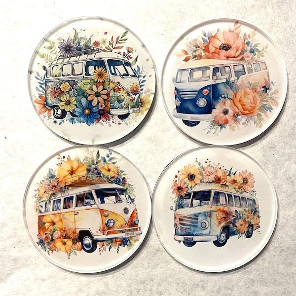 Hippie Van bus acrylic drink coasters flowers