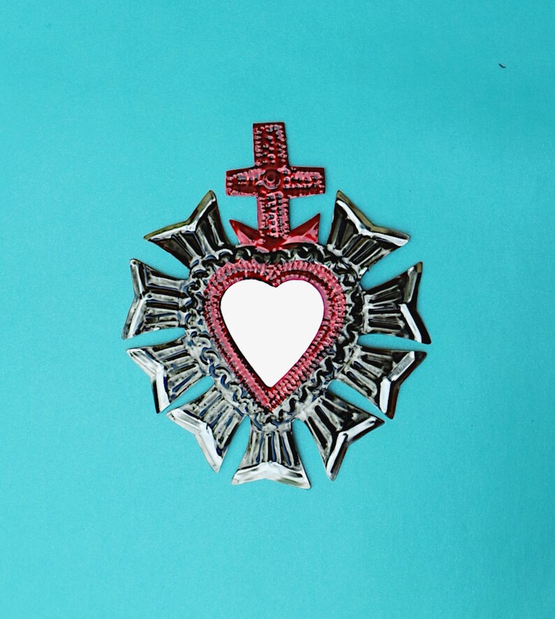 Mexican Tin Milagro Ornament Heart /& Flowers Love Token Handmade Folk Art Oaxaca