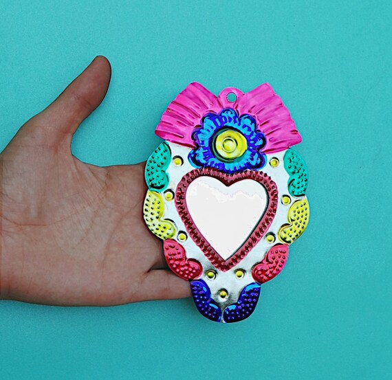Mexican Milagro Ornament Small Heart Shaped Mirror Mexican Milagro Ornament Small Heart
