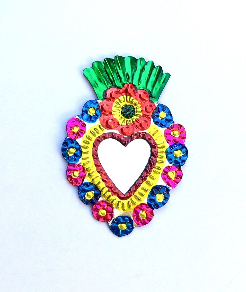 Mexican Tin Milagro Ornament Heart /& Flowers Love Token Handmade Folk Art Oaxaca