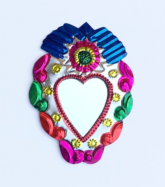 Mexican Tin Milagro Ornament Heart /& Flowers Love Token Handmade Folk Art Oaxaca