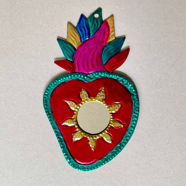 Colorful Milagro Heart, Heart & Sun Small Mirror, Milagrito Flaming Sacred Heart, Red Tin Ornament, Mexican Folk Art Oaxaca, Token Ex Voto,