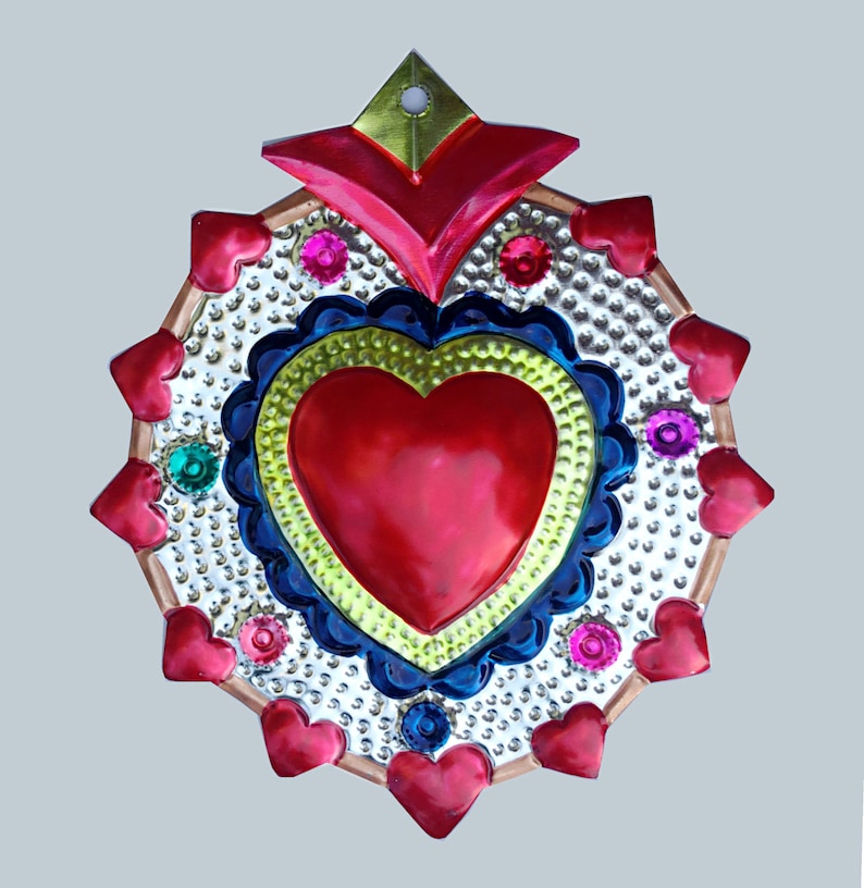 Mexican Tin Milagro Ornament Heart /& Flowers Love Token Handmade Folk Art Oaxaca