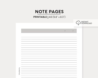 Note Page Printable | A5 Size Printable Insert | Note Taking Planner Printable PDF | Lined Note Page Planning Printable Instant Download