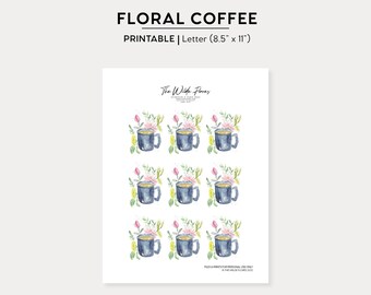 Floral Coffee Watercolor Printable Stickers | Print at Home Printable Stickers Instant Download