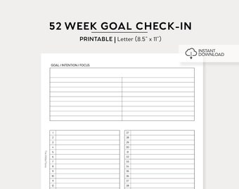 52 Week Goal Check In Printable | Letter Size Printable Insert | Printable PDF | Goal Setting Planning Printable Instant Download