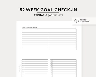 52 Week Goal Check In Printable | A5 Size Printable Insert | Printable PDF | Goal Setting Planning Printable Instant Download