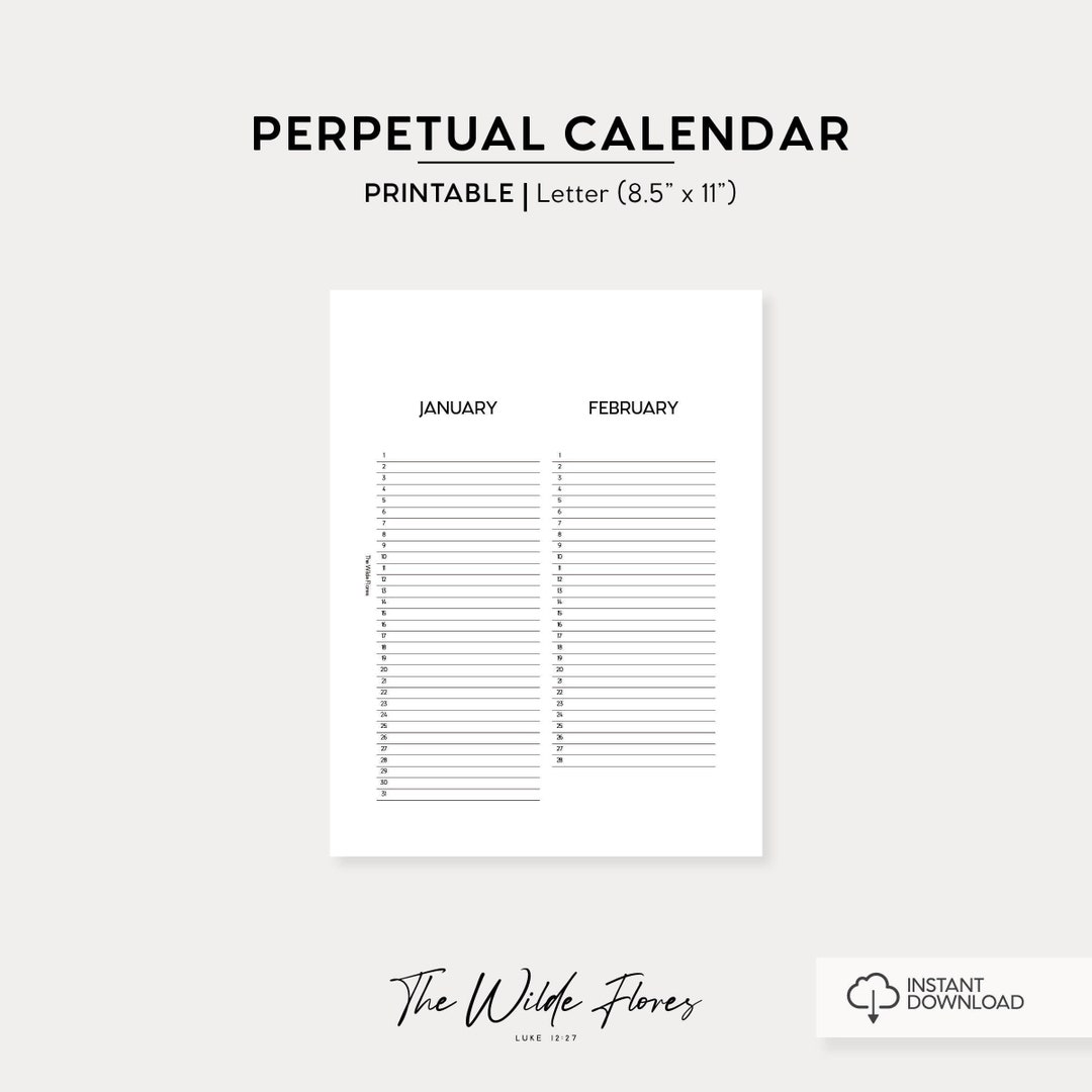 Perpetual Calendar Printable Letter Size Printable Insert Note Taking ...