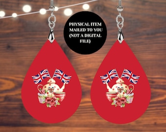 British Union Jack Afternoon Tea Earrings, Teapot British Earrings, British Tea Earrings, Double Sided Design, Teardrop Earrings