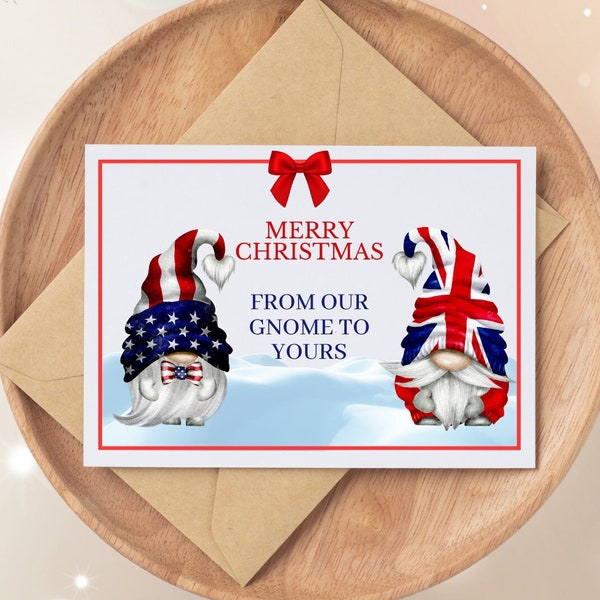 Gnome Christmas Card British, Welsh, England, Scotland, Canada, Ireland Flags, Union Jack, Card and Envelope 5 1/2" x 4.25"