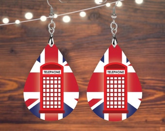 Pendientes de cabina telefónica Union Jack, pendientes británicos de cabina telefónica de Londres, pendientes de Londres, diseño de doble cara, pendientes de lágrima